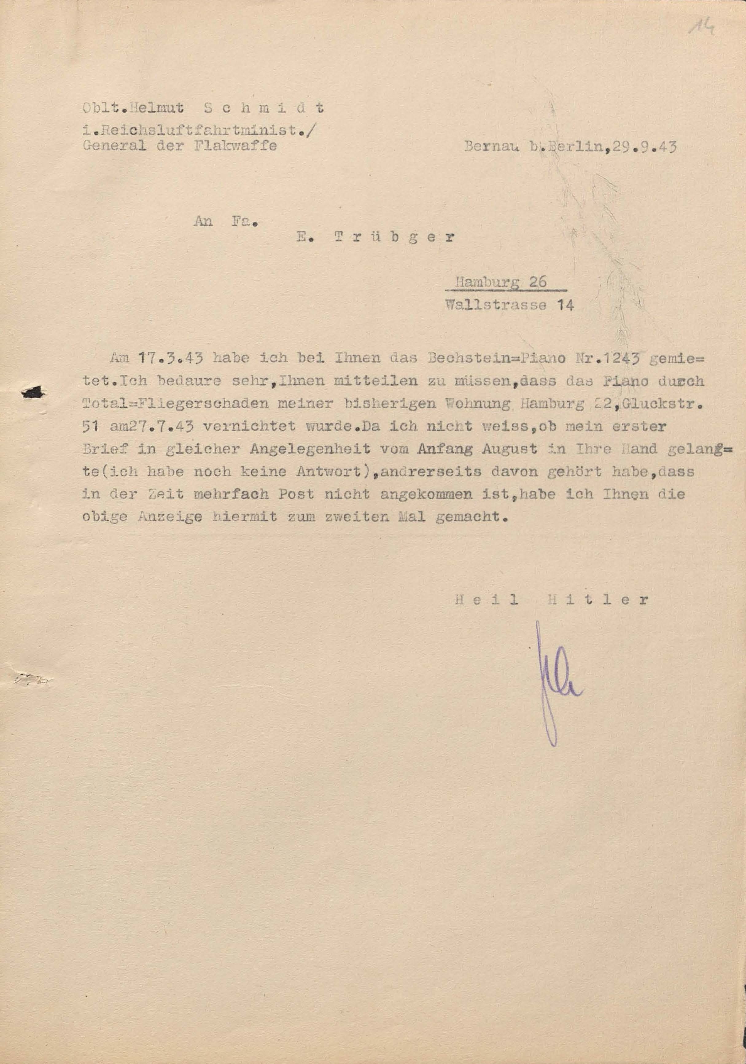 Brief von Helmut Schmidt an die Firma Trübger, die mit Pianos handelt.