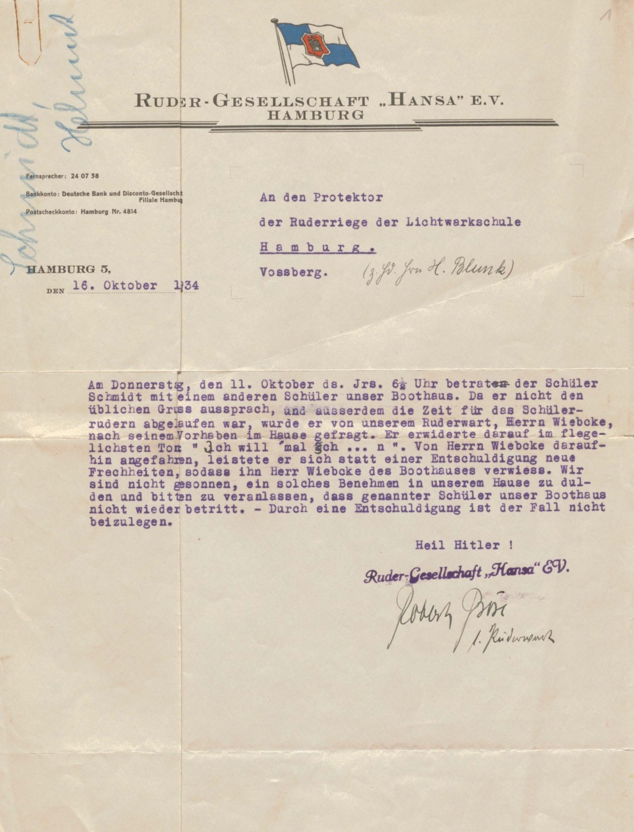 Schreiben der Ruder-Gesellschaft »Hansa« e. V.: Helmut Schmidt wird aufgrund von »Frechheiten« des Bootshauses verwiesen.